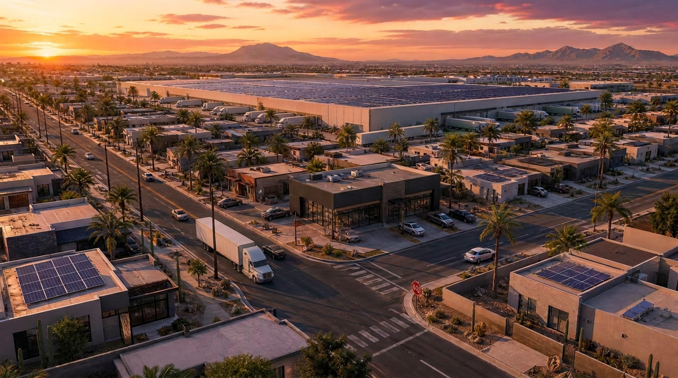 Vista aérea de Mexicali con instalaciones solares en casas, comercios y una nave industrial al atardecer